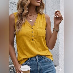 Yellow Boho Henley Tank Top with Wood Buttons & Pocket - XL